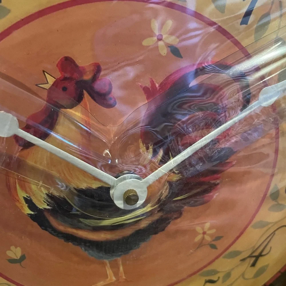 French Country Rooster Wall Clock Rich Gold/orange/ Black/metal stand NEW in Box